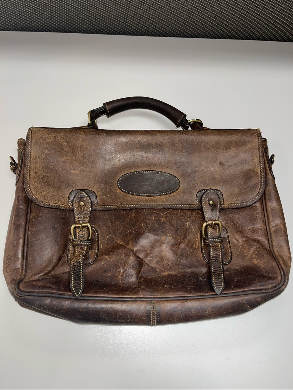Sandstone Vintage Distressed Brown Leather Briefcase with Buckle Closure